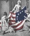 Ladies in Colonial dress sewing an American flag.  Have your transcription completed in the US.